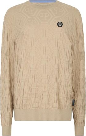 Philipp Plein Jacquard Ronde Hals Pullover Monogram - Heren - Ronde hals truien - Beige - 3XL - Wol - Truien & Vesten