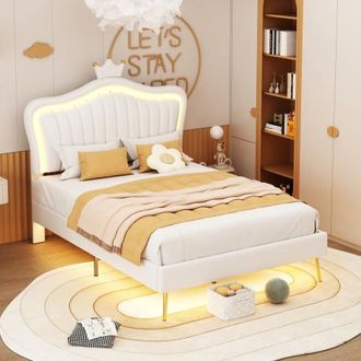 OEM Letto Imbottito Per Bambini 90 X 200 Cm, Struttura Letto Per Bambine, Letto Matrimoniale Bianco Con Struttura A Corona In Similpelle Con Luci A Led, B