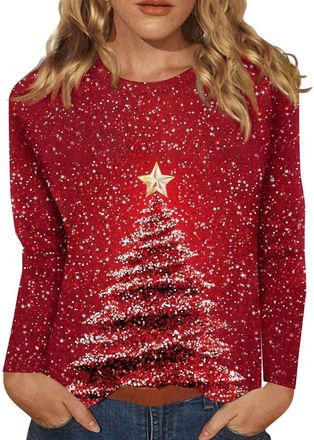 Generic Christmas Jumper 2025 Christmas Jumpers for Women Ladies Jumpers Ladies Sweatshirts Tree Print Graphics Pullover Claus Xmas Shirt Holiday Long Sleeve 
