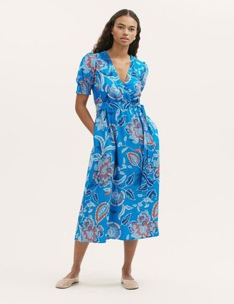 Finery Nicoleta Floral Midi Tea Dress in Blue Floral at Nordstrom, Size 14