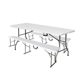 LOLAhome Conjunto de mesa rectangular y 2 bancos plegables de HDPE blanco