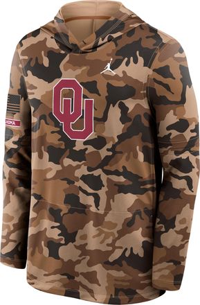 Nike Jordan Mens Oklahoma 2026 Military Appreciation Jordan Brand Dri-FIT College Long-Sleeve Hooded Top in Brown | 0JB92EAOKN-954