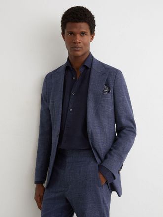Reiss Mens Navy Wool-blend Check Single-breasted Suit Blazer Classic-fit, 42
