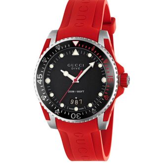 Gucci YA136309 Dive Black Dial Silicone Mens Watch - Red - One Size