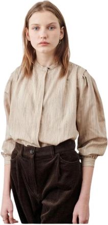 Sessun Wijdvallende Blouse met Mao Kraag - Dames - Blouses - Beige - S - Polyester - Overhemden