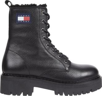 Tommy Jeans Zwarte Urban Tumbled Enkellaarzen - Dames - Veterlaarzen - Zwart - 37 EU - Leer - Schoenen
