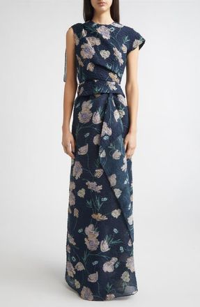 Erdem Floral Asymmetric Organza Cloqu&eacute; Gown in Belle Epoque Poppy Navy at Nordstrom, Size 12