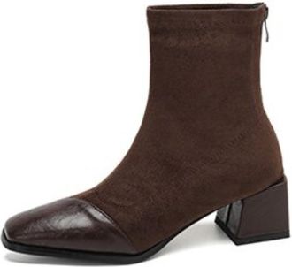 Generic Women Square Toe Suede Knit Ankle Boots PU Leather Toe Cap Block Heels Side Zipper Stretchy Fit Sleek Casual Cushioned Comfortable Durable Fashion,Bro