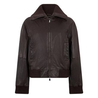 Pinko Leren jas met gebreide inzetstukken - Dames - Leren en Su&egrave;de Jassen - Bruin - M - Wol - Jassen