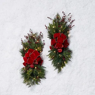 Frontgate Set of 2 Christmas Cheer Cordless Staircase/Door Swag with Bow - Frontgate - Outdoor Christmas Decorations