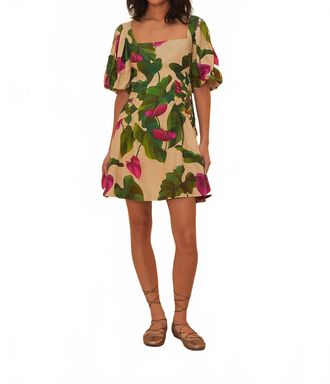 Farm Rio Short Puff Sleeve Mini Dress In Anthurium Leaves Sand