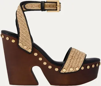 Givenchy Clog Raffia-Effect Platform Sandals with Studs Detail
