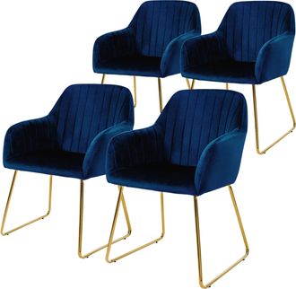 ML Design Ml-design Juego De 4x Sillas De Comedor Azules Asiento Ergon&oacute;mico Acolchado Tapizado De Terciopelo, Patas De Metal Dorado Sill&oacute;n De Dise&ntilde;o Moderno Par