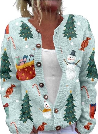 Generic Ladies Christmas Cardigan Fashion Cardigans for Women UK Funny Xmas Printed Coat Casual Autumn Winter Cardigan Jacket Long Sleeve Crew Button Up Tops 