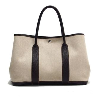 Herm&egrave;s Garden Beige Dark Brown Toile H Leather Handbag Tote Bag (Pre-Owned)