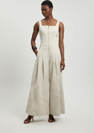 Karen Millen Womens Premium Linen Zip Detail Jumpsuit - Beige Cotton - Size 10 UK