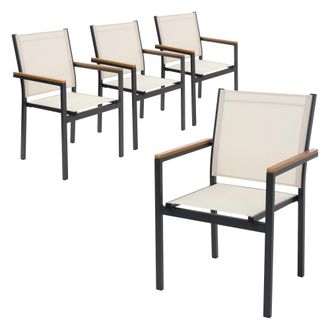 ML Design Ml-design Juego 4x Sillas De Jard&iacute;n Beige Asiento De Textilene Para Terraza, Aspecto Madera Y Estructura De Aluminio Con Reposabrazos Y Respaldo Muebl