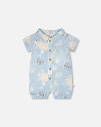 Deux par Deux Muslin Turtle Print Romper in Blue Turtle Print at Nordstrom, Size 24M