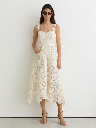 Reiss Cream Cotton-blend Lace Button-front Midi Dress, 10