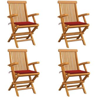 vidaXL Sillas De Jard&iacute;n 4 Uds Madera Maciza De Teca Con Cojines Rojos Vidaxl