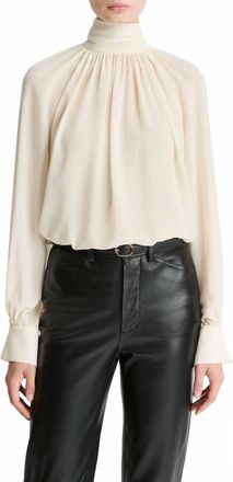 Vince Gathered Draped-Neck Crepe Blouse In Cream