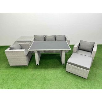 Fimous Patio Garden Furniture Sets with Black Glass Top Dining Table Armchair 3 Seater Sofa Side Table Big Stool Light Grey - Fimous