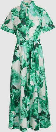 Karen Millen Womens Petite Rose Print Cotton Sateen Floral Woven Belted Maxi Shirt Dress - Green - Size 14 UK