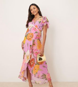 Hope & Ivy Maternity Vestito lungo a portafoglio allacciato in vita rosa stampato con maniche con volant