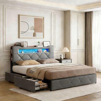 OEM Pocketpop Cama 160x200 Cm Con Led Y Carga Usb Tipo C, Cama Para Adultos 160x200 Cm Con 4 Cajones, Tela De Terciopelo, Gris