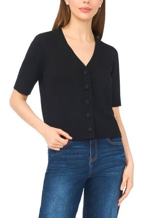CeCe by Cynthia Steffe Covered Button Short Sleeve Cardigan in Rich Black at Nordstrom, Size X-Large