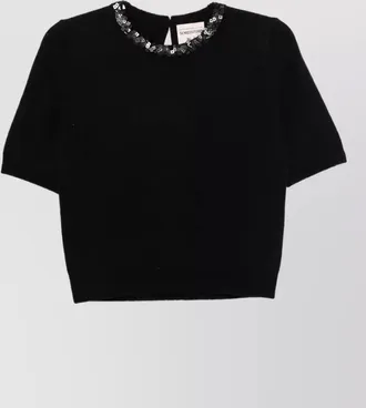 Semicouture cashmere wool sequin-embellished short-sleeve crew-neck knitted top