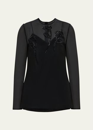 Carolina Herrera Embellished Semi-Sheer Long Sleeve Top
