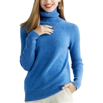 Generic Womens Cashmere Sweater Knitted Sweaters Merino Wool Turtleneck Long Sleeve Pullover Autumn Winter Vintage Jumpers Sky Blue