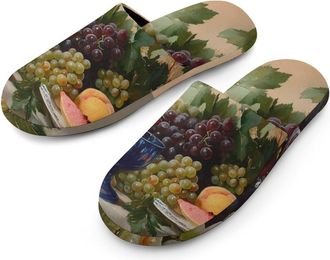 Generic Peaches Grapes Vintage Painting Flannel Mens Slip-on Slippers Winter Warm House Shoes with Rubber Sole for Home Hotel