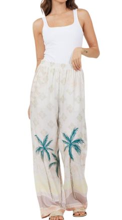Vintage Havana Summer Paradise Wide Leg Pant In Cream/green