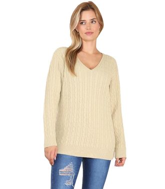 Generic Ladies Long Sleeve V-Neck Knitted Cable Womens Jumper Knitted Sweater Pull Over Jumper Top Knit Warm Winter Chunky Everyday Casual Pullover Plain Tops