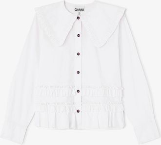 Ganni White Stretch Cotton Ruffle Shirt - Size 34 Organic