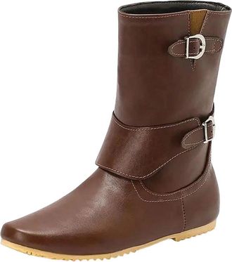 Generic Womens Retro Mid Calf Boots Round Toe Low Flat Heel Slip On Design With Decorative Buckle For Casual Wear