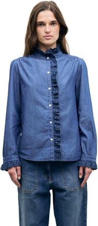 Gerard Darel Loupy High Neck Lace Trim Shirt in Jeans at Nordstrom, Size X-Large/xx-Large