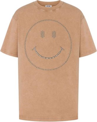 Moschino Mens Smiley Studded T-shirt - Tan Cotton - Size Medium