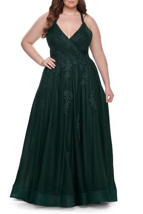 La Femme Plus Size A-line Tulle Dress with Floral Detailing in Dark Emerald at Nordstrom, Size 22W