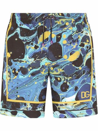 Dolce & Gabbana marble-print mid-length swimshorts - men - Polyester/Polyamide/Spandex/Elastane - 3 - Blue