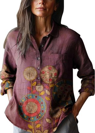 Generic Flannel Shirt Checked Shirts for Men Casual Polo Womens Retro Floral Art Print Casual Long Sleeve Comfortable Cotton Shirt Womens Long Sleeve Western 