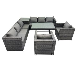 Fimous Garden Rattan Furniture Set 8 Seater with Side Table Dark Grey