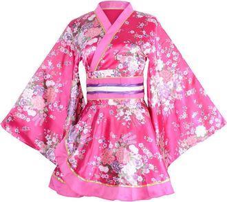 Generic Womens Sexy Short Kimono Costume Adult Japanese Geisha Yukata Prints Gown Blossom Fancy Dress with Obi Belt (Rose Red, One Size)