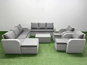 Fimous PE Rattan High Back Lounge Sofa Set Patio Coffee Table & Chairs Set with 3 Seater Sofa Reclining Chair 3 Stools Side Table Light Grey