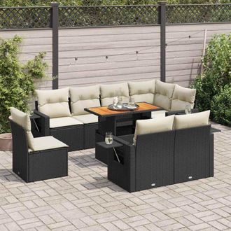 vidaXL Set De Sof&aacute;s De Jard&iacute;n Con Cojines 9 Pzas Rat&aacute;n Sint&eacute;tico Negro Vidaxl