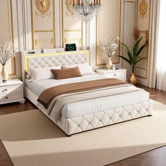 OEM Cama Doble 160x200 Dise&ntilde;o Con Cabecera De Terciopelo Y Luces Rgb Y Puertos Ue Usb/tipo-c, Cama Con Almacenamiento Neum&aacute;tico Y Caj&oacute;n