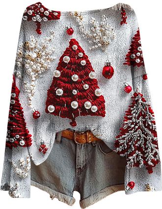 Generic plus size christmas jumpers for women Womens Christmas Tree Sweatshirts UK Long Sleeve Novelty Funny Print Jumper Oversized Crewneck Xmas Holiday Casu