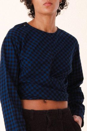 PRAIRIE UNDERGROUND Twisted Long Sleeve Blouse In Blue Mini Check